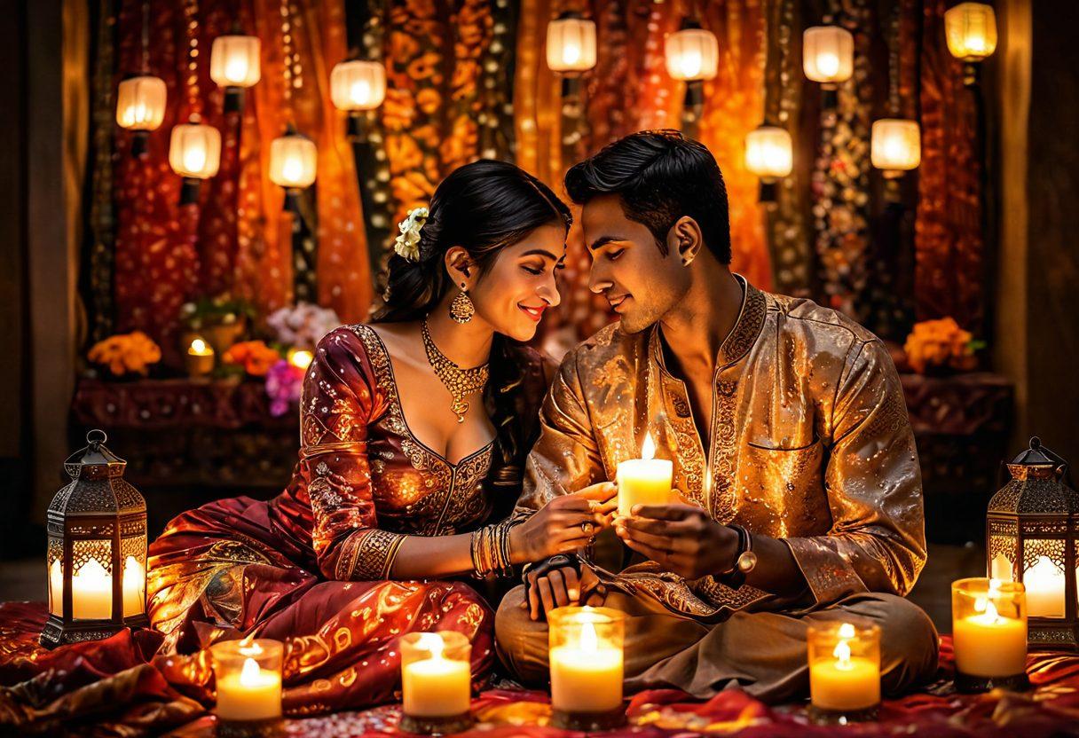 A warm, candle-lit scene depicting an intimate Indian couple sharing a loving gaze amidst colorful traditional fabrics and rich textures. The background features soft floral patterns and glowing lanterns, symbolizing passion and connection in their relationship. Incorporate elements like henna designs on their hands and traditional jewelry to highlight culture. Create a sense of warmth and intimacy through soft lighting. super-realistic. vibrant colors.
