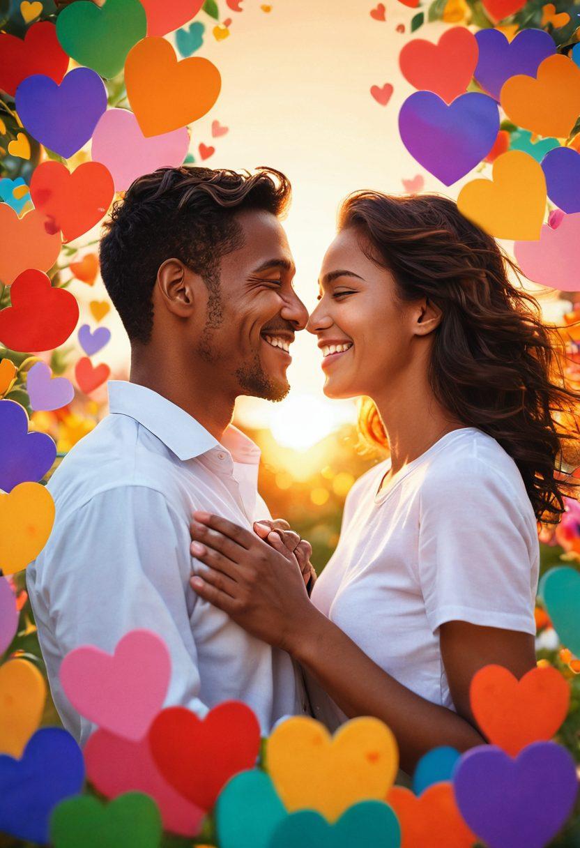 An intimate scene depicting diverse couples sharing joyful moments, with vibrant smiles and affectionate gestures, surrounded by colorful heart shapes and soft light. The background should evoke a sense of warmth, possibly with blooming flowers or a soft sunset. Include elements symbolizing connection like intertwining hands or shared laughter. super-realistic. vibrant colors. soft focus.
